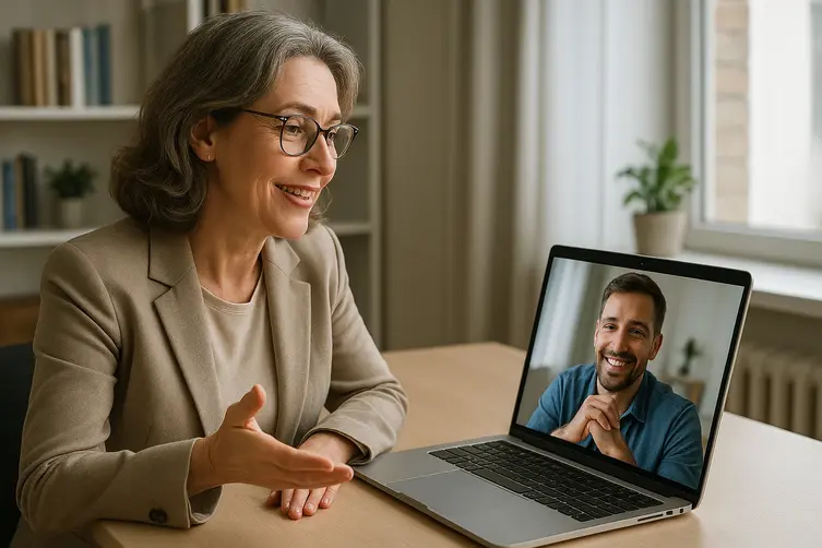 Therapist providing confidential online addiction counseling via video call